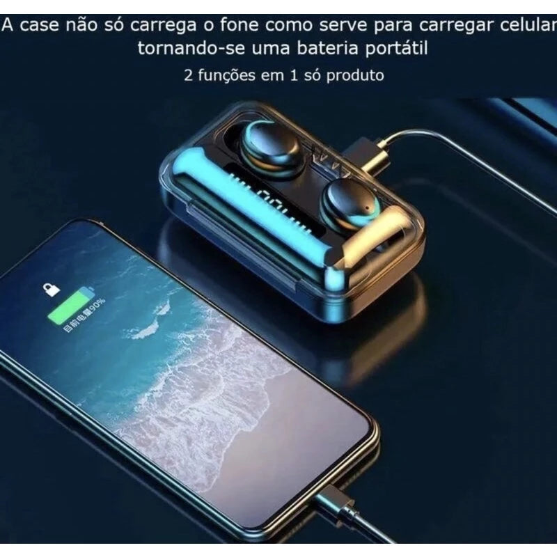 Fone de Ouvido Bluetooth 5.3 Sem Fio Intra Auricular com Cancelamento de Ruído e Power Bank 3000mAh